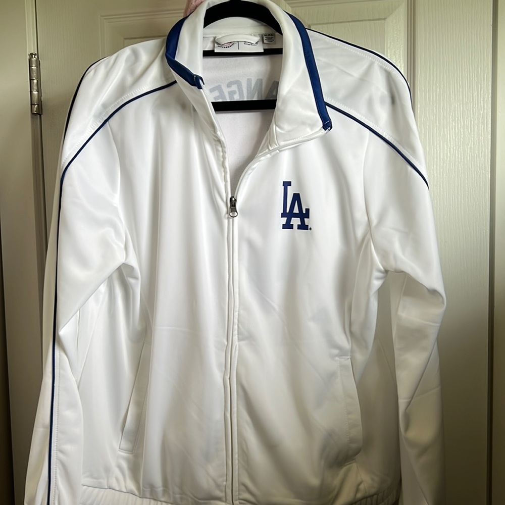 LA Dodgers white zip up jacket.